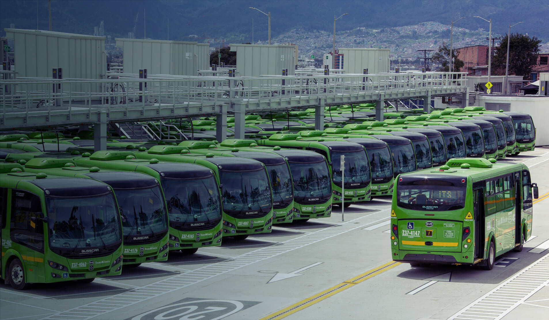 Electric buses at depot in Bogota